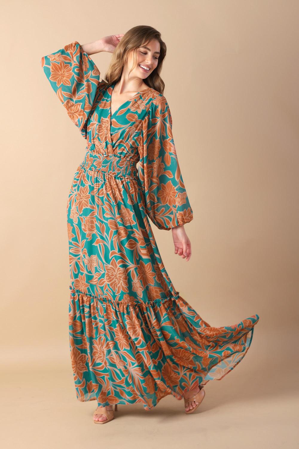 Fleeting Fauna Woven Maxi Dress in teal rust, view 3 — Soul Flow Apparel