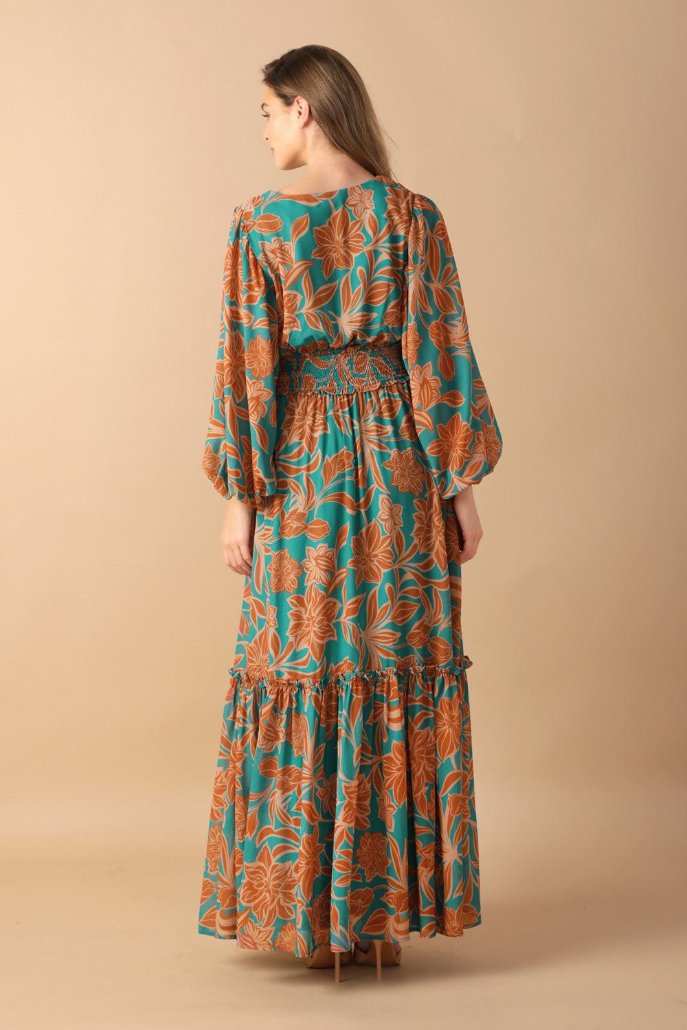 Fleeting Fauna Woven Maxi Dress in teal rust, view 4 — Soul Flow Apparel