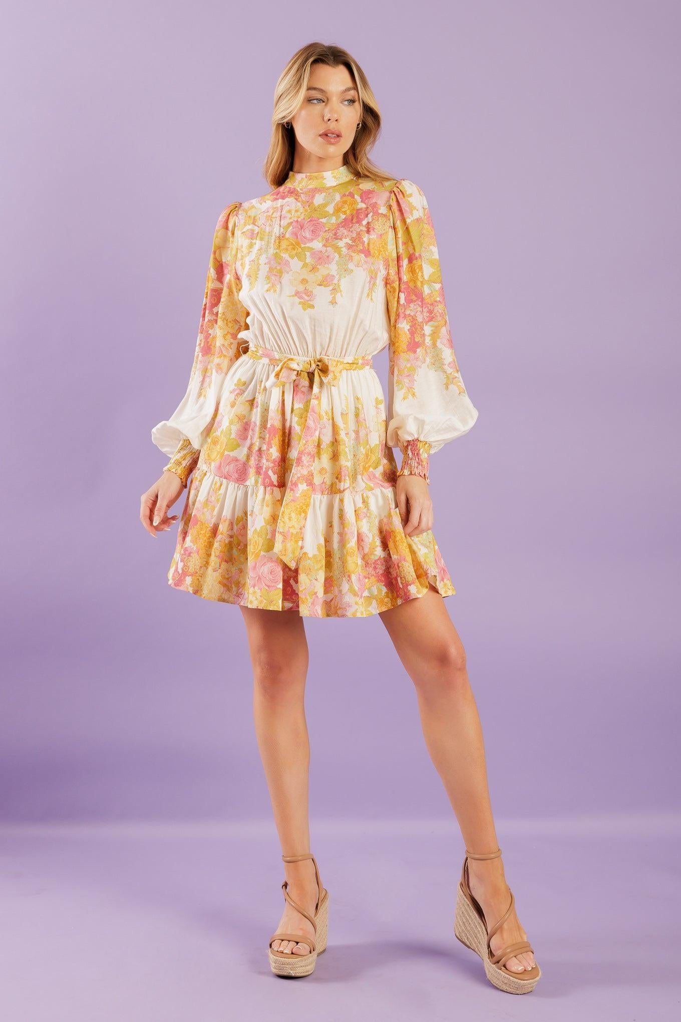 Go Get It Pink Woven Mini Dress in ivory floral, view 1 — Soul Flow Apparel
