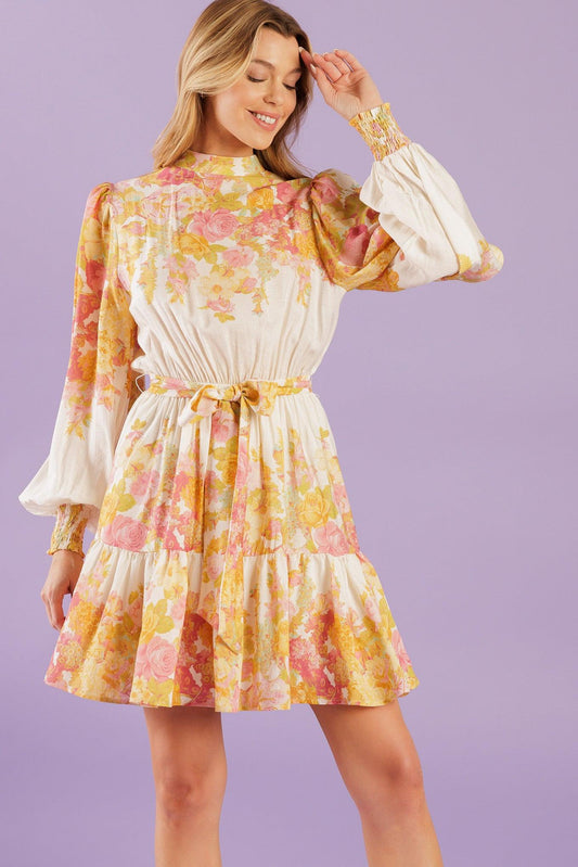 Go Get It Pink Woven Mini Dress in ivory floral, view 2 — Soul Flow Apparel