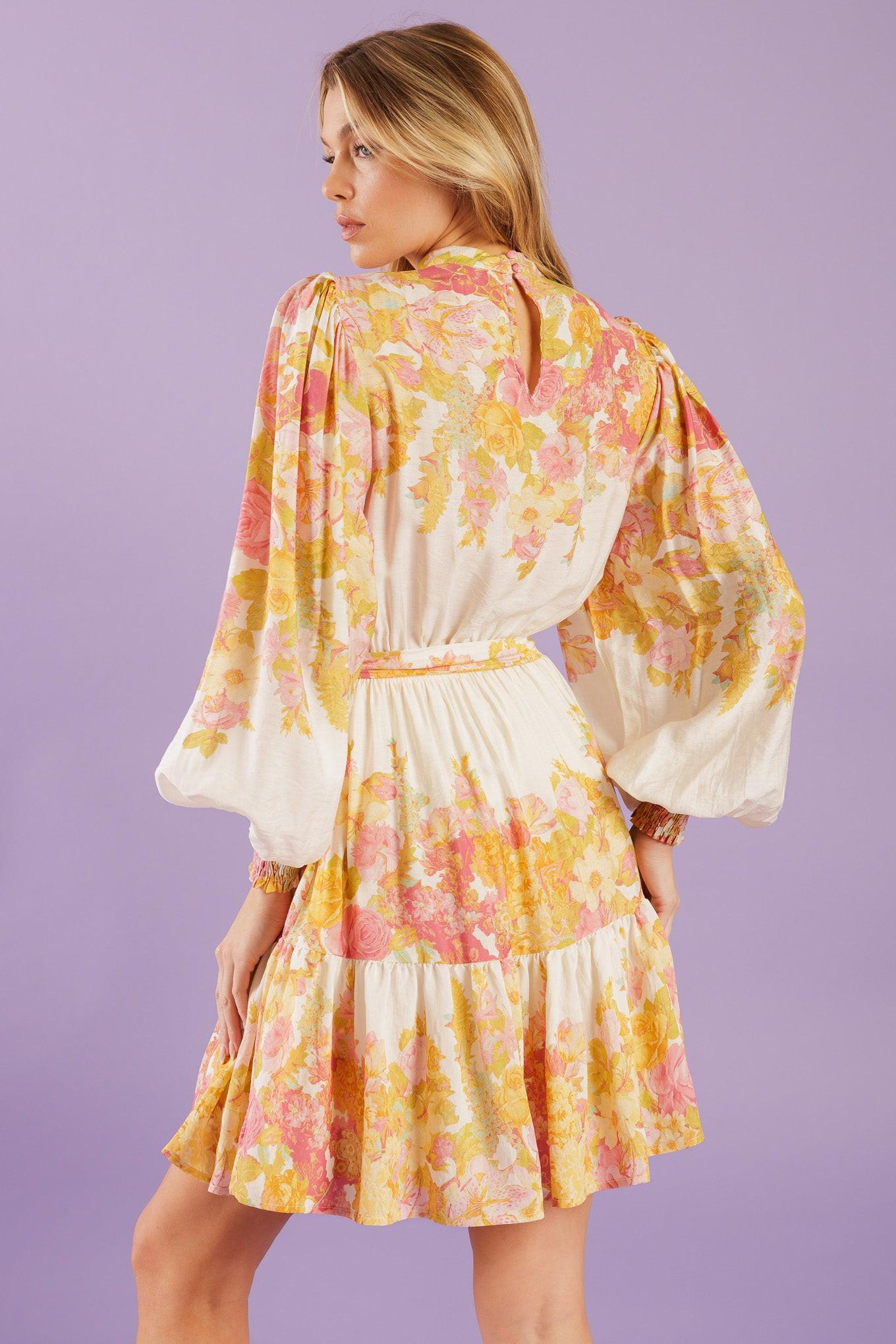 Go Get It Pink Woven Mini Dress in ivory floral, view 4 — Soul Flow Apparel