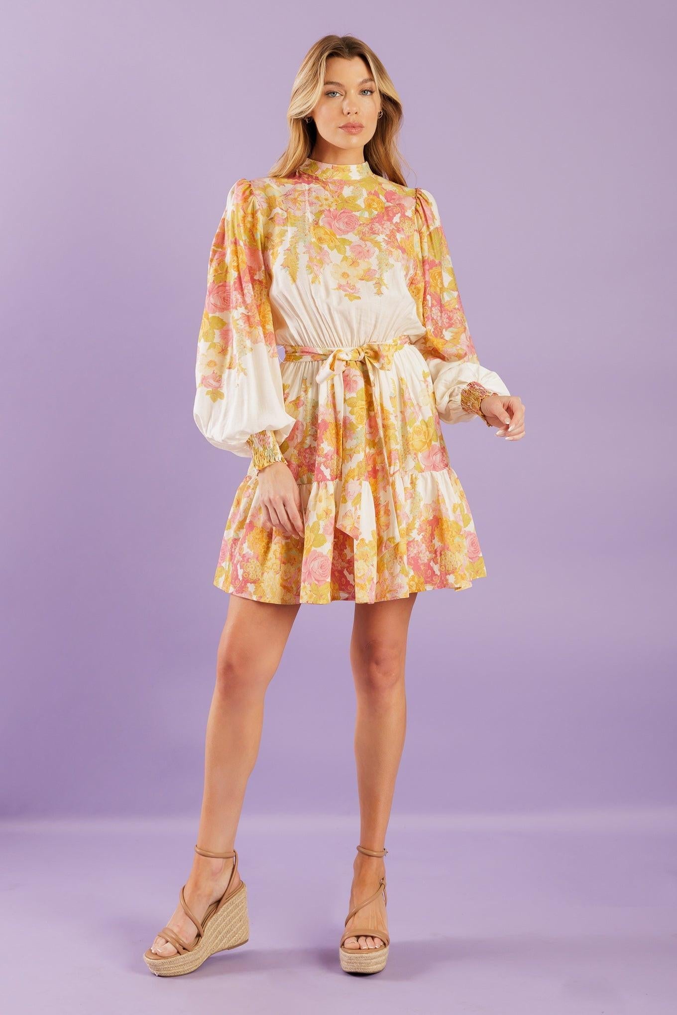 Go Get It Pink Woven Mini Dress in ivory floral, view 5 — Soul Flow Apparel