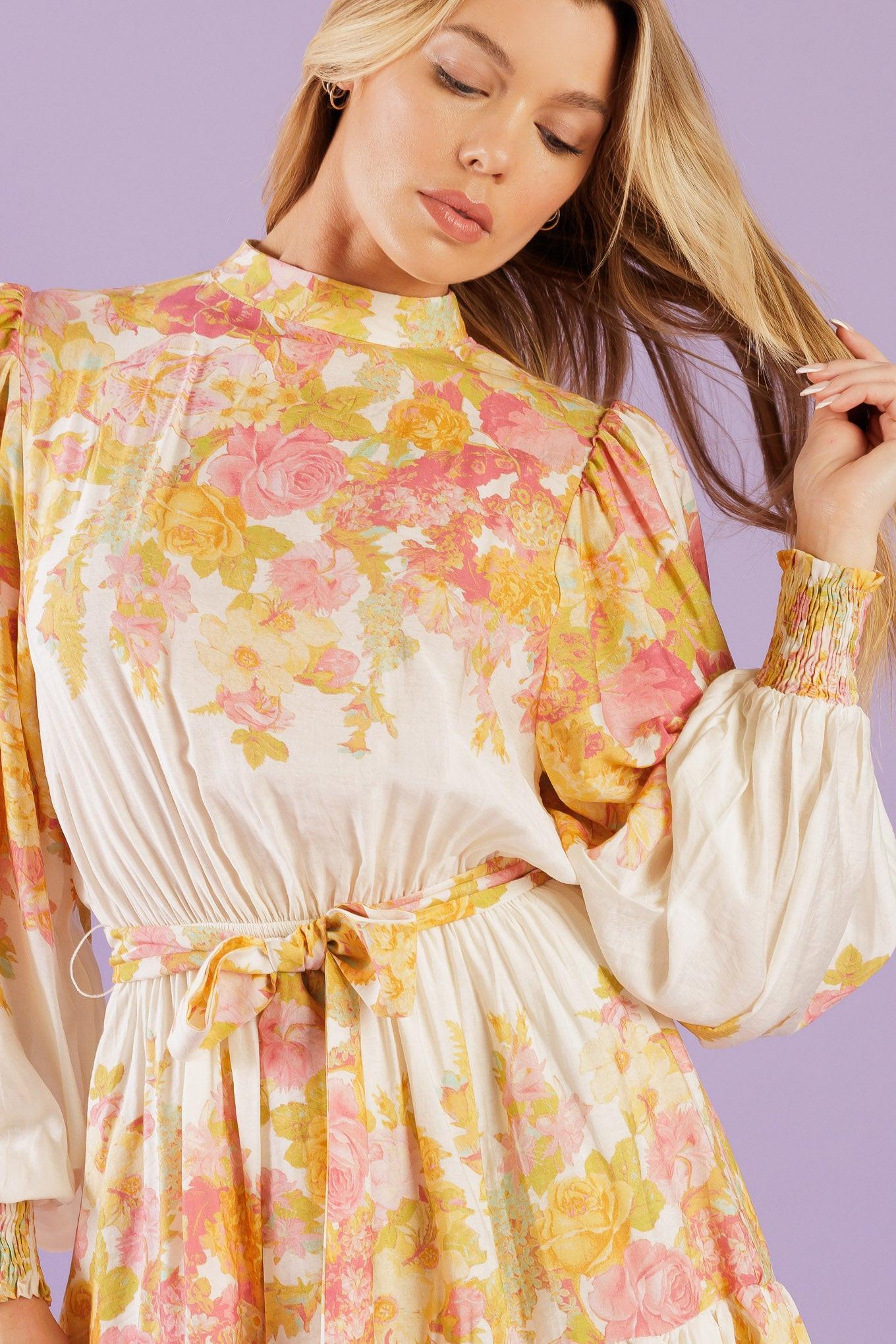 Go Get It Pink Woven Mini Dress in ivory floral, view 6 — Soul Flow Apparel