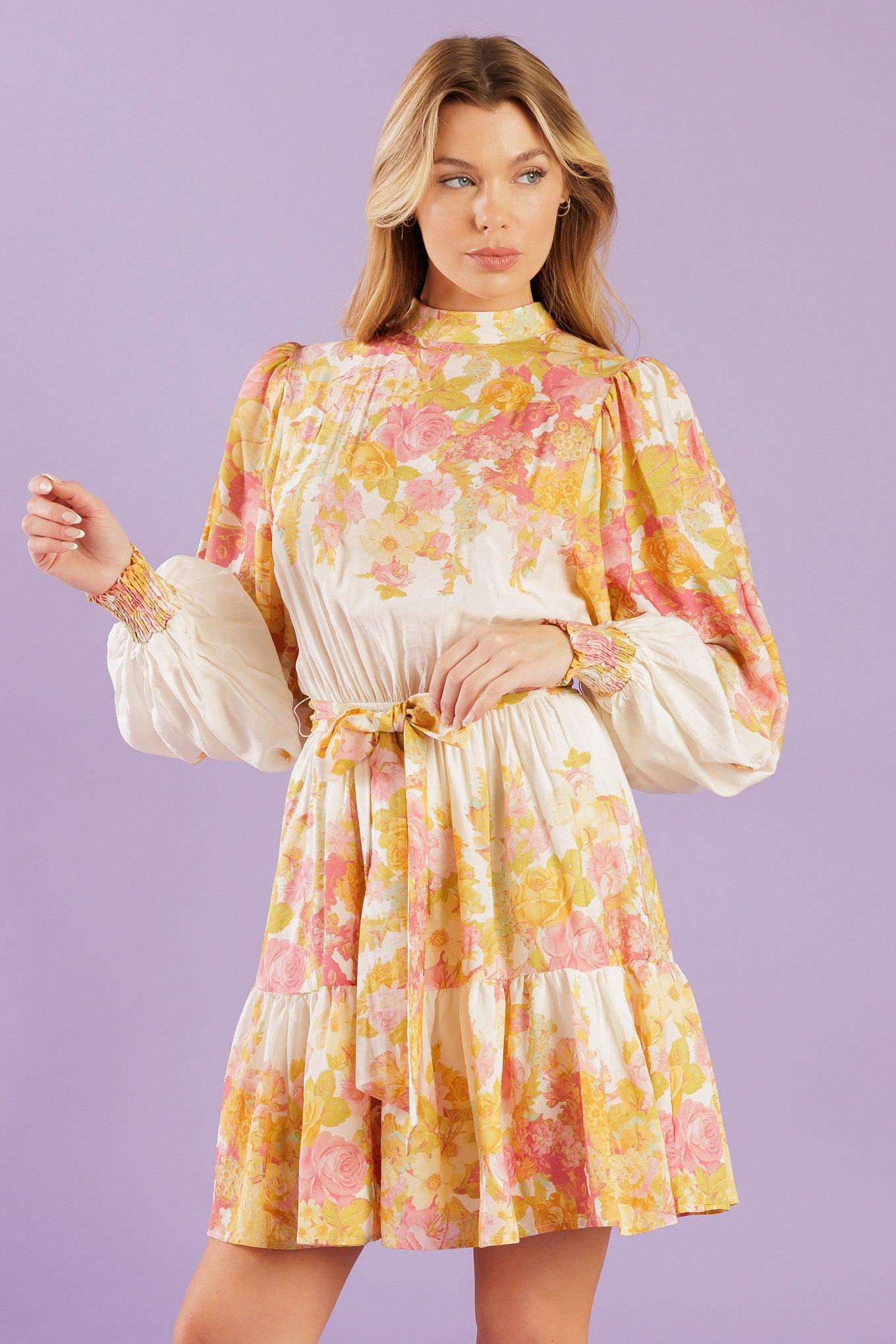 Go Get It Pink Woven Mini Dress in ivory floral, view 8 — Soul Flow Apparel