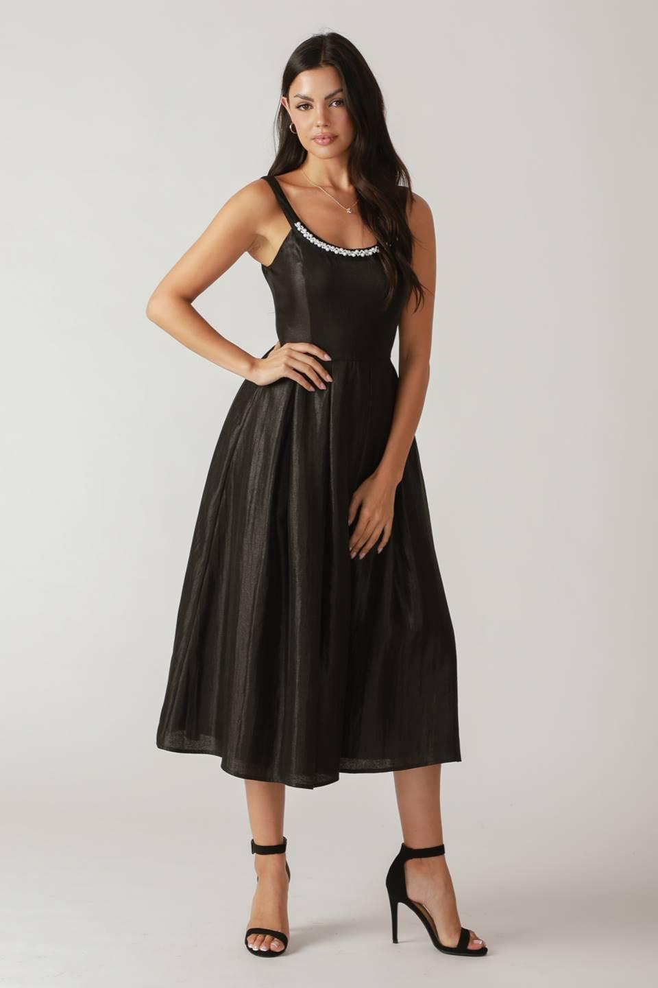 Fluttering Fields Woven Midi Dress in black, view 4 — Soul Flow Apparel