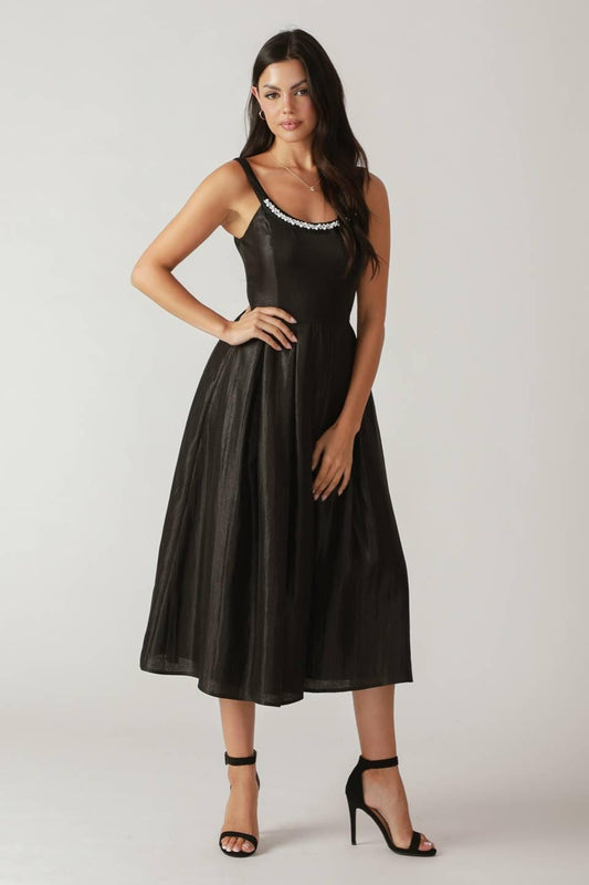 Fluttering Fields Woven Midi Dress in black, view 4 — Soul Flow Apparel