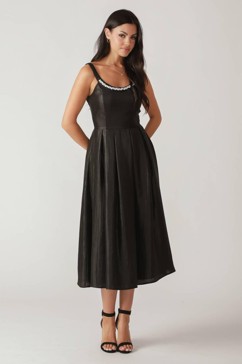 Fluttering Fields Woven Midi Dress in black, view 5 — Soul Flow Apparel