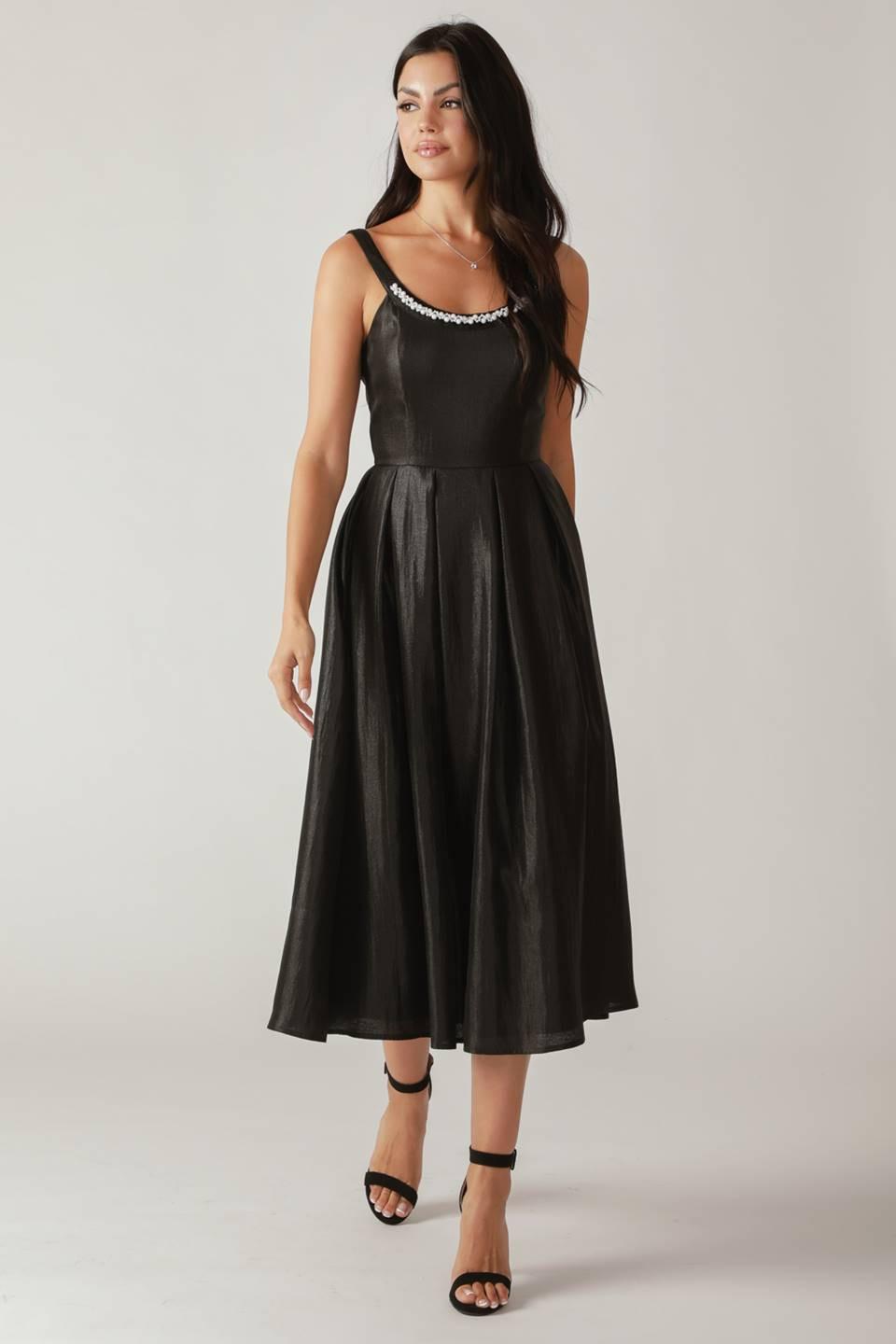 Fluttering Fields Woven Midi Dress in black, view 6 — Soul Flow Apparel