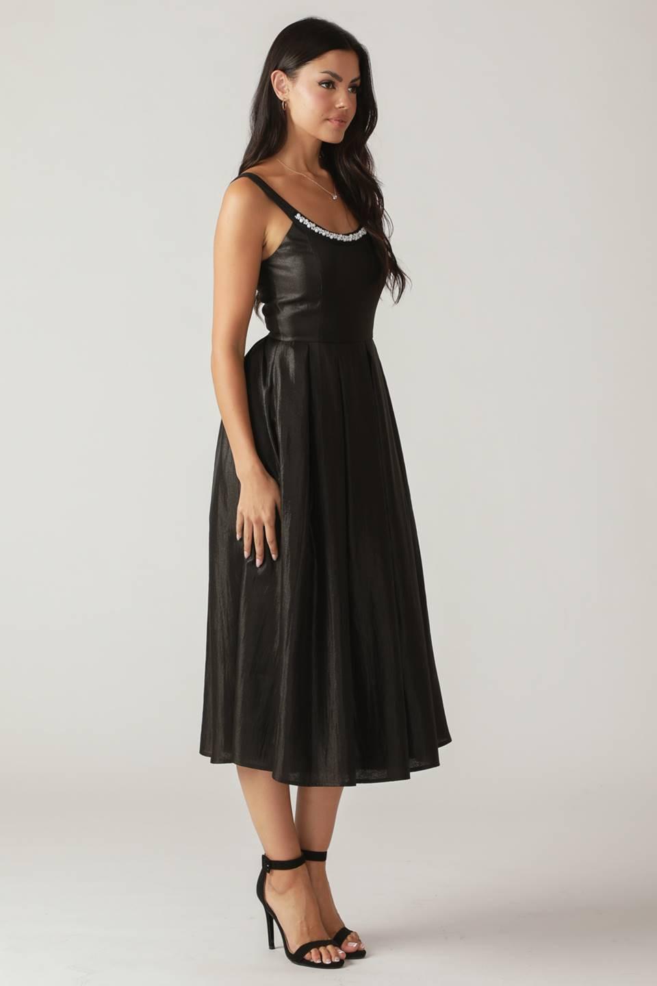 Fluttering Fields Woven Midi Dress in black, view 7 — Soul Flow Apparel