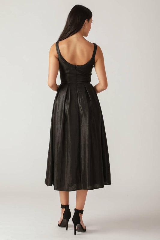 Fluttering Fields Woven Midi Dress in black, view 8 — Soul Flow Apparel