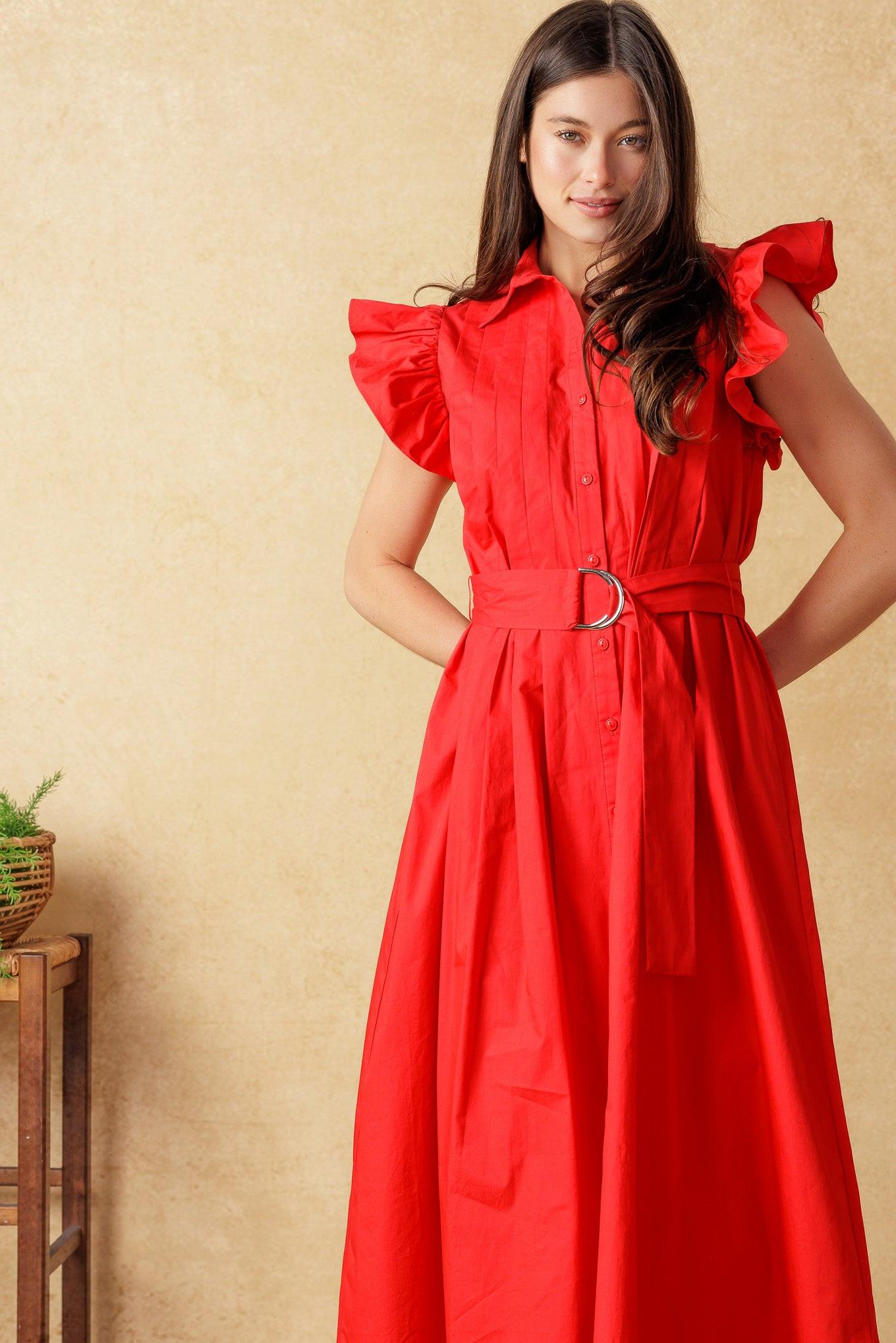 Glimpse in Time Woven Midi Dress in red, view 2 — Soul Flow Apparel