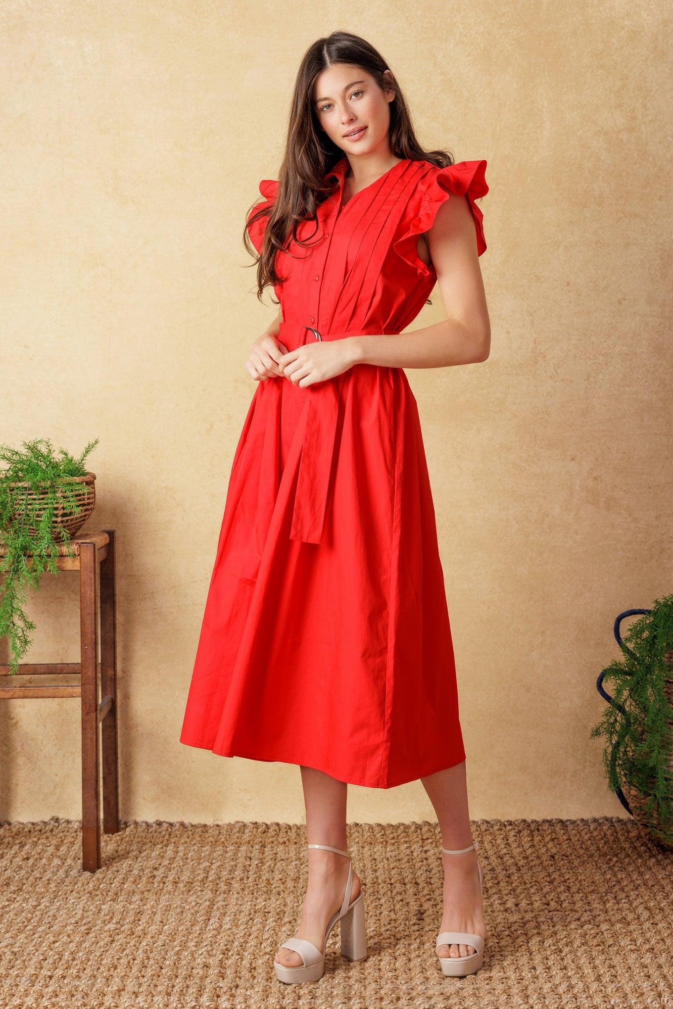 Glimpse in Time Woven Midi Dress in red, view 3 — Soul Flow Apparel