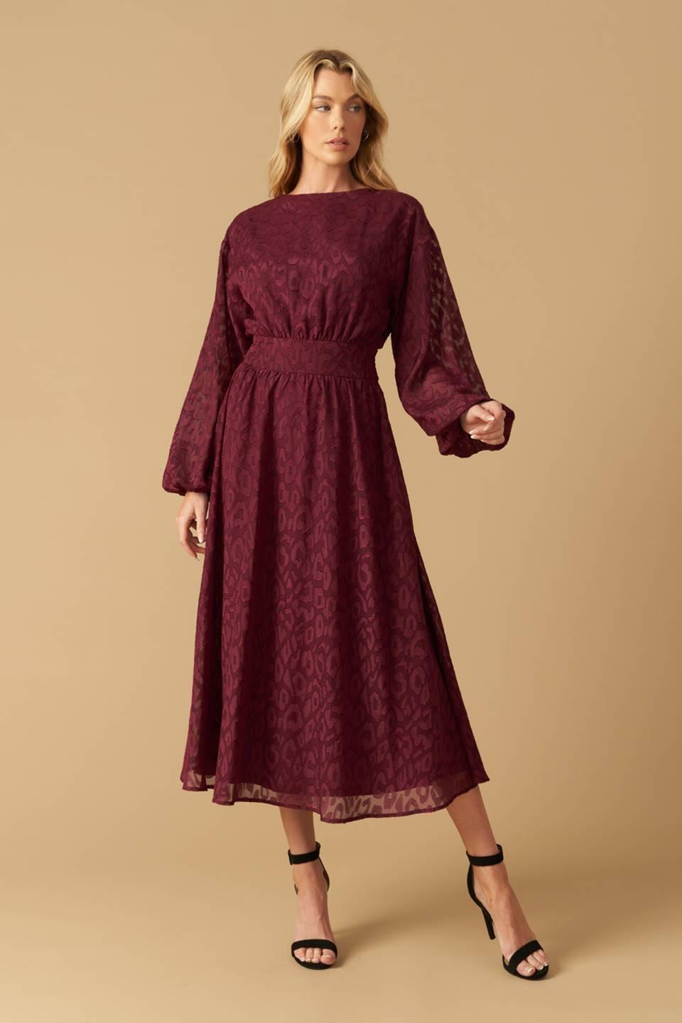 Too Good to Be True Woven Midi Dress in burgundy, view 1 — Soul Flow Apparel