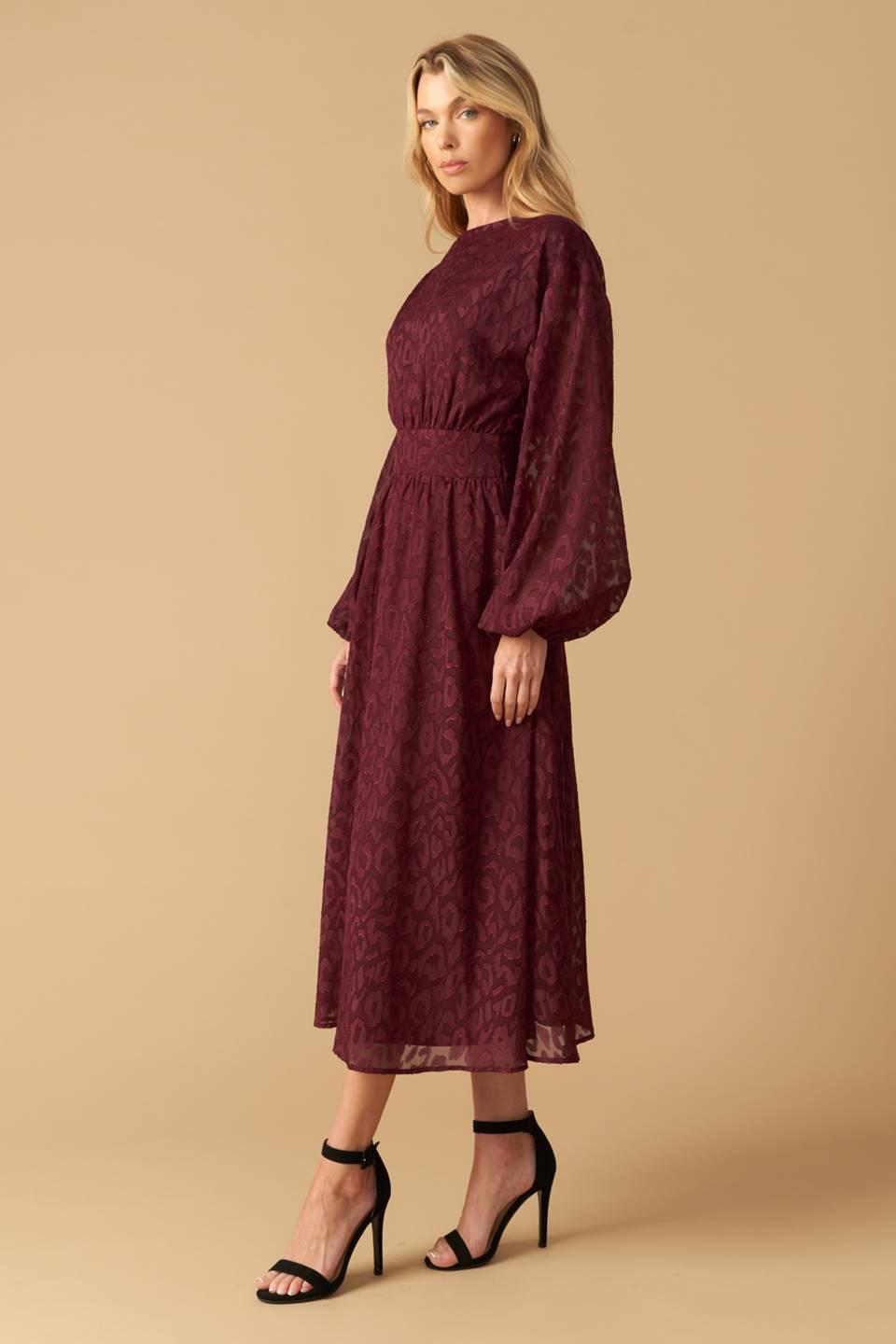 Too Good to Be True Woven Midi Dress in burgundy, view 2 — Soul Flow Apparel