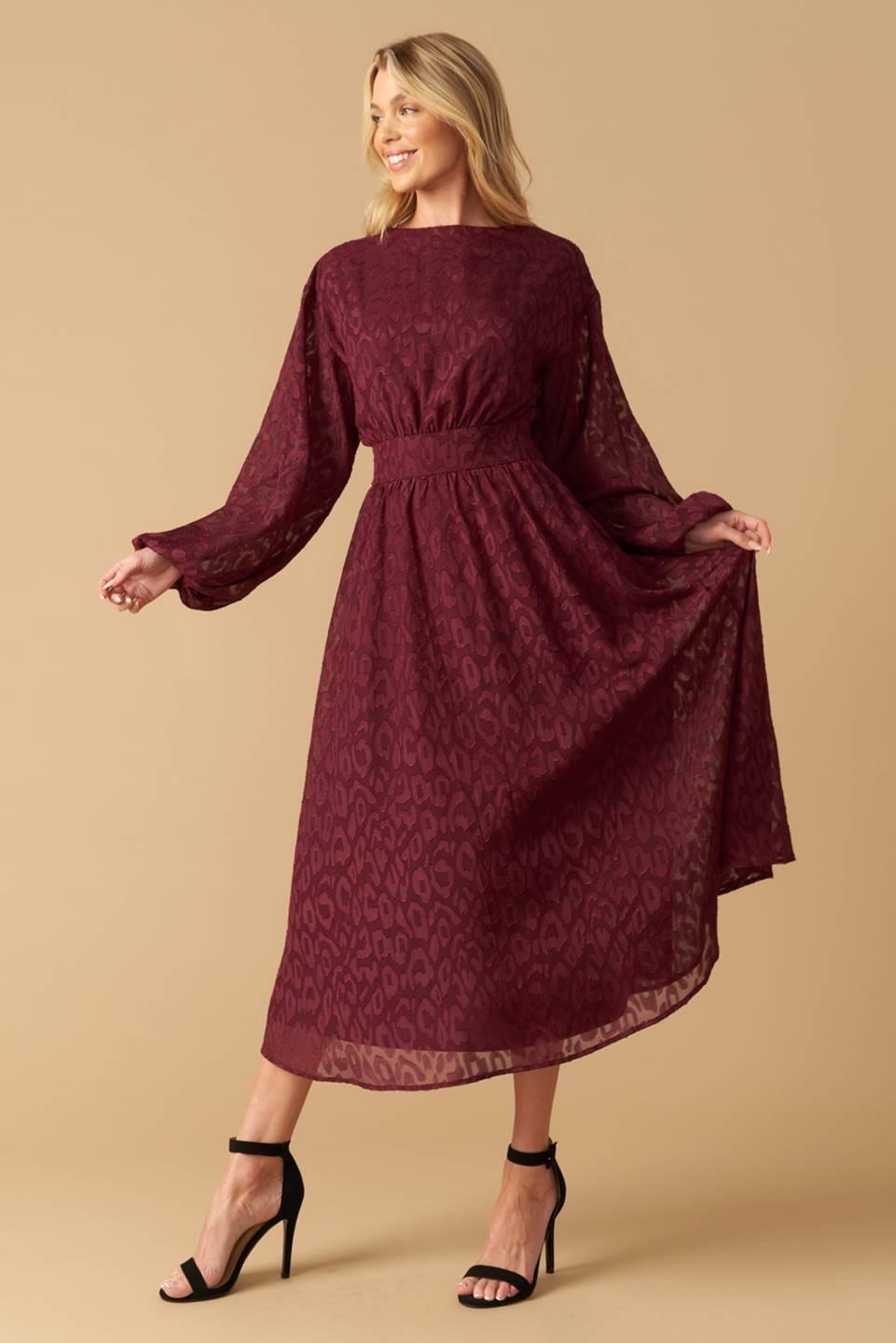 Too Good to Be True Woven Midi Dress in burgundy, view 3 — Soul Flow Apparel