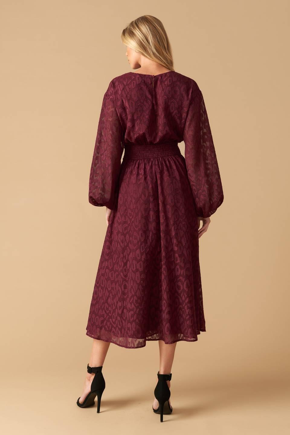 Too Good to Be True Woven Midi Dress in burgundy, view 4 — Soul Flow Apparel