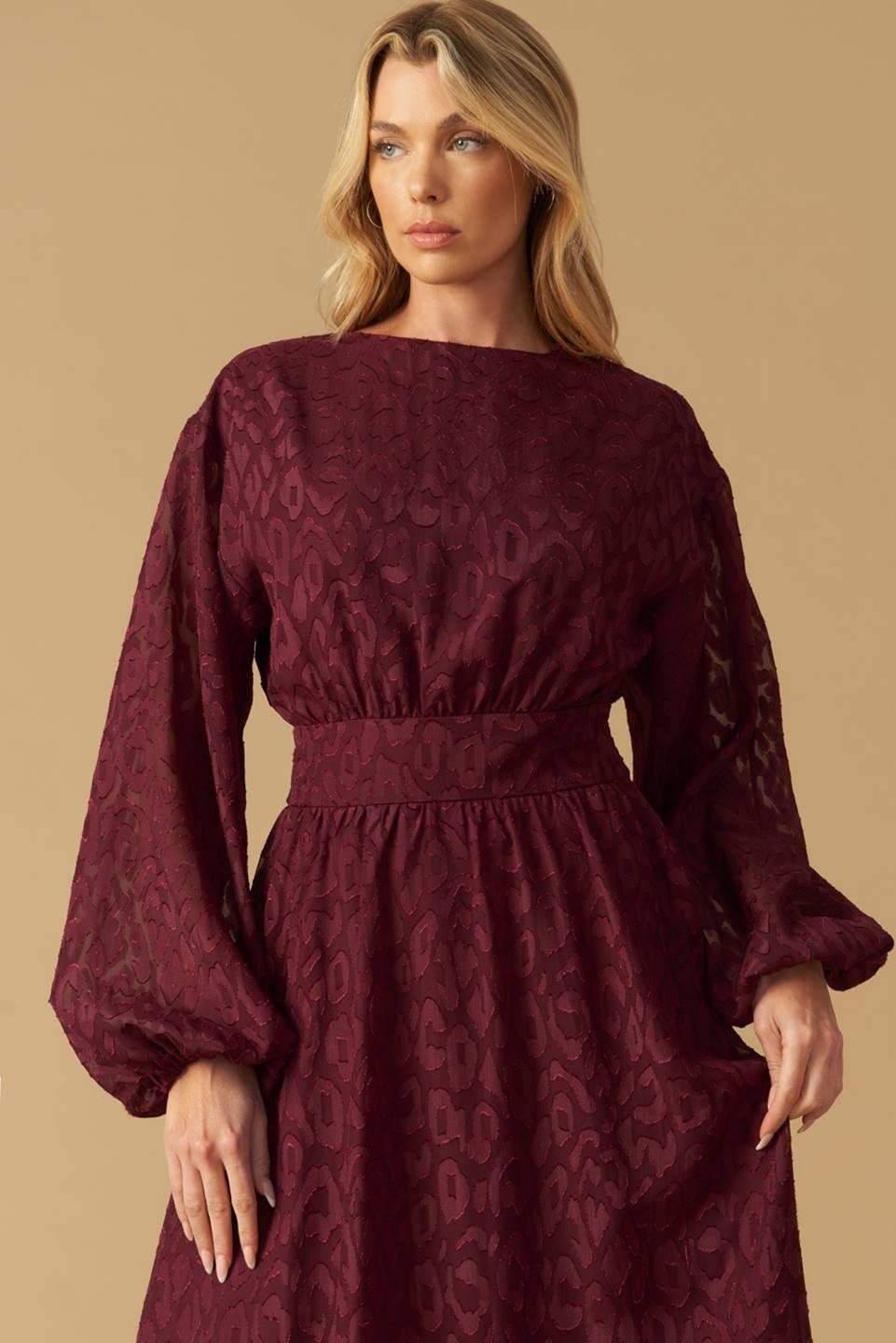 Too Good to Be True Woven Midi Dress in burgundy, view 5 — Soul Flow Apparel