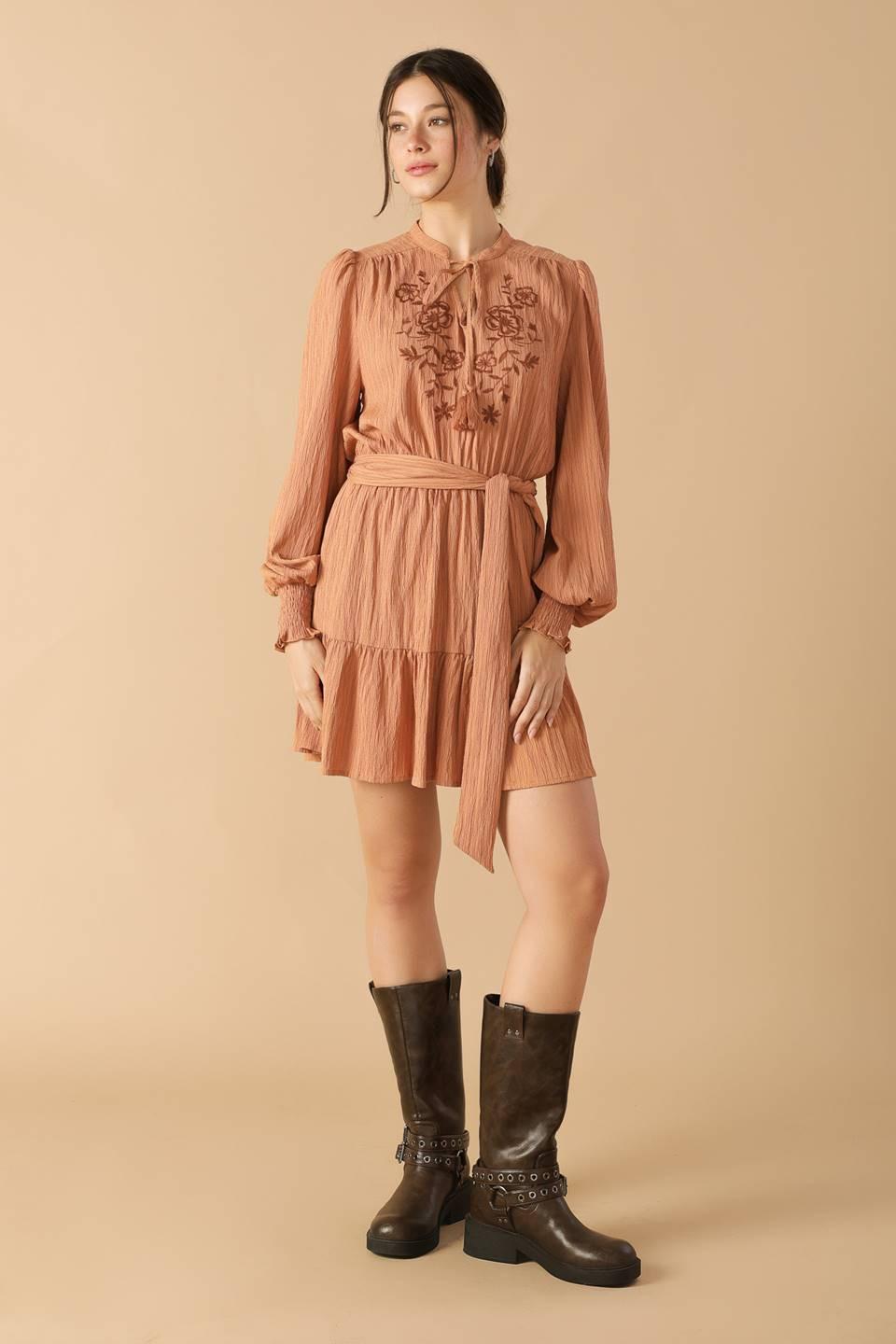 Wandering Mind Woven Mini Dress in dusty terra cotta, view 1 — Soul Flow Apparel