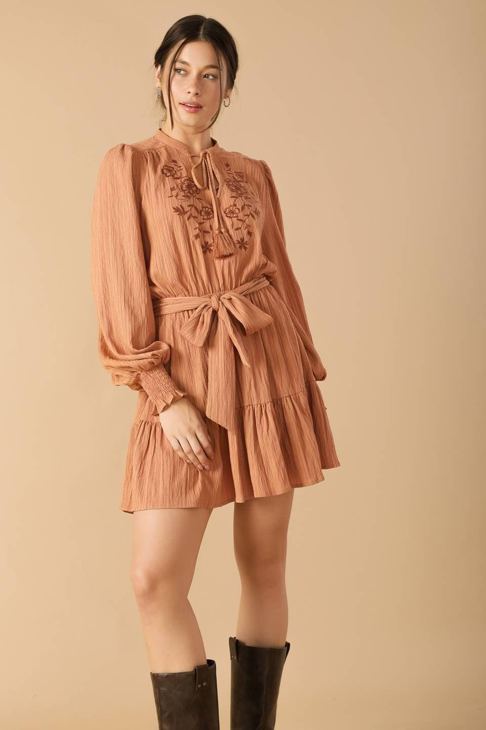 Wandering Mind Woven Mini Dress in dusty terra cotta, view 3 — Soul Flow Apparel