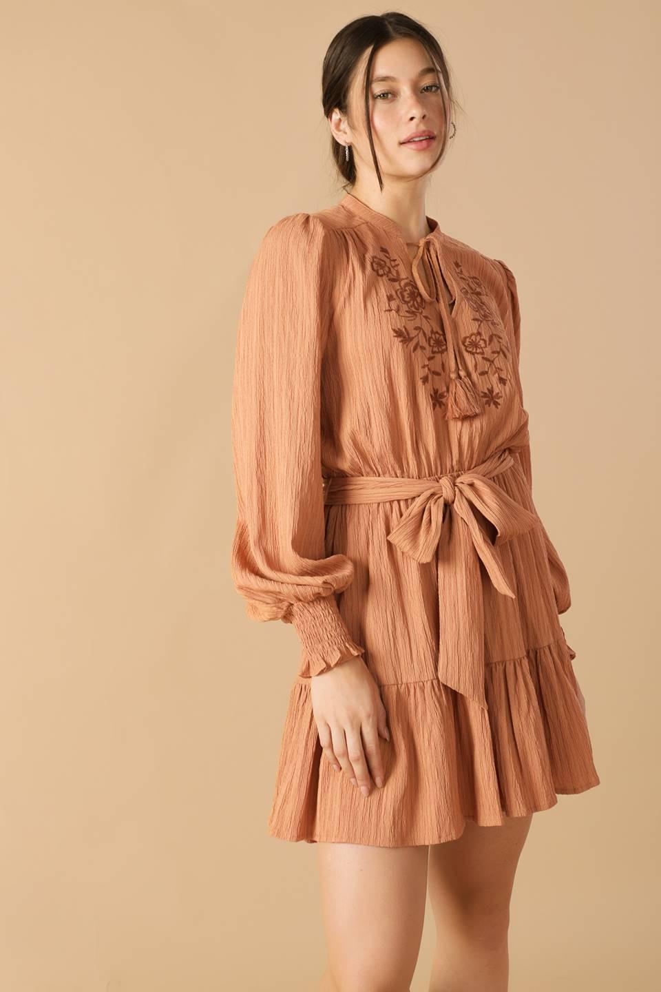 Wandering Mind Woven Mini Dress in dusty terra cotta, view 4 — Soul Flow Apparel
