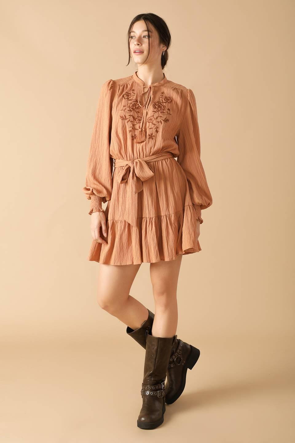 Wandering Mind Woven Mini Dress in dusty terra cotta, view 5 — Soul Flow Apparel
