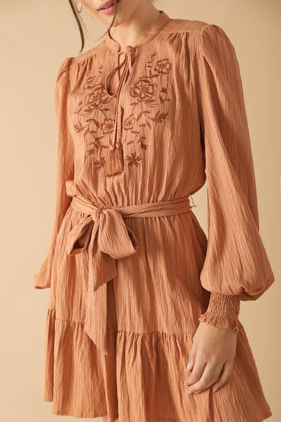 Wandering Mind Woven Mini Dress in dusty terra cotta, view 6 — Soul Flow Apparel