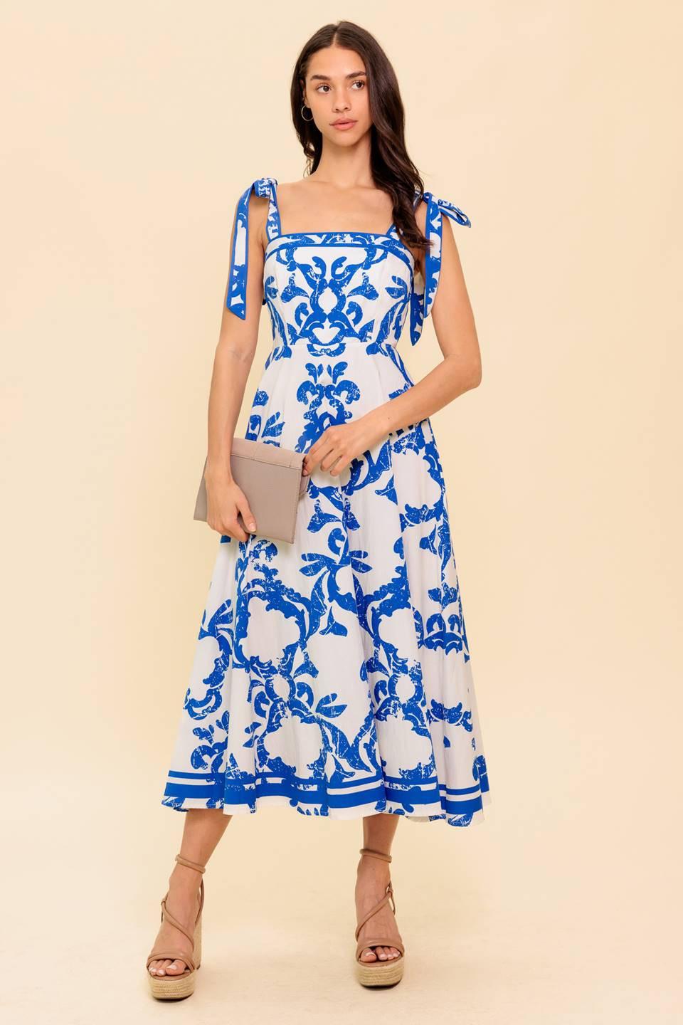 Adair Passport to the Sun Woven Midi Dress in white blue, view 1 — Soul Flow Apparel