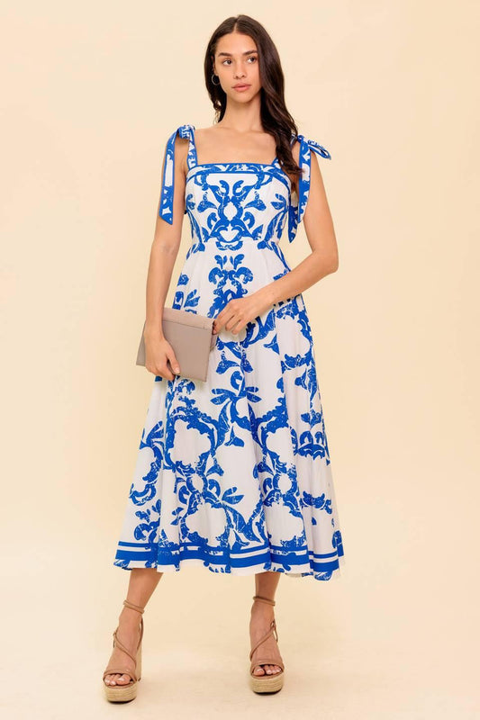 Adair Passport to the Sun Woven Midi Dress in white blue, view 1 — Soul Flow Apparel