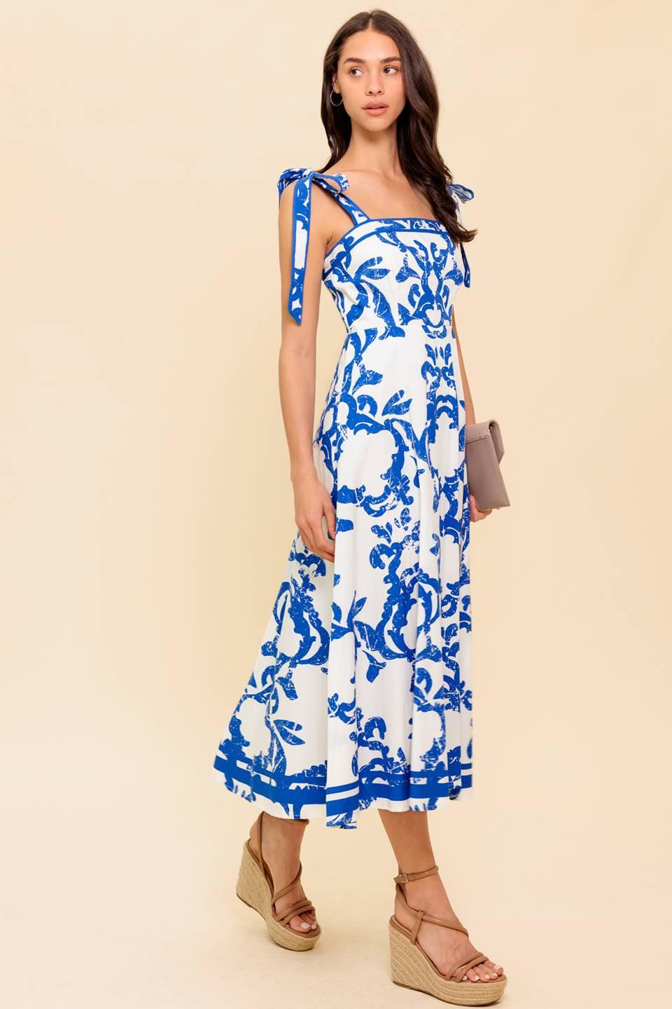 Adair Passport to the Sun Woven Midi Dress in white blue, view 3 — Soul Flow Apparel