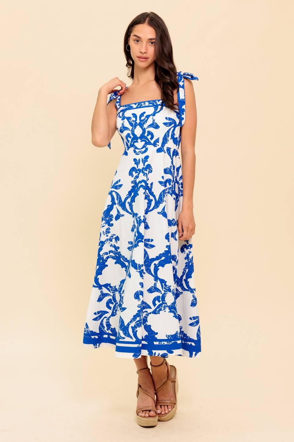 Adair Passport to the Sun Woven Midi Dress in white blue, view 5 — Soul Flow Apparel