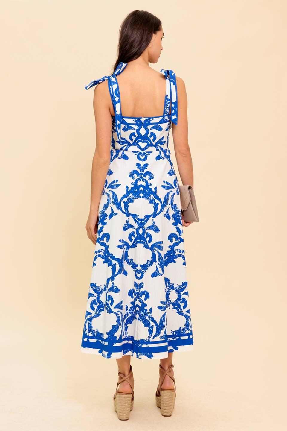 Adair Passport to the Sun Woven Midi Dress in white blue, view 6 — Soul Flow Apparel