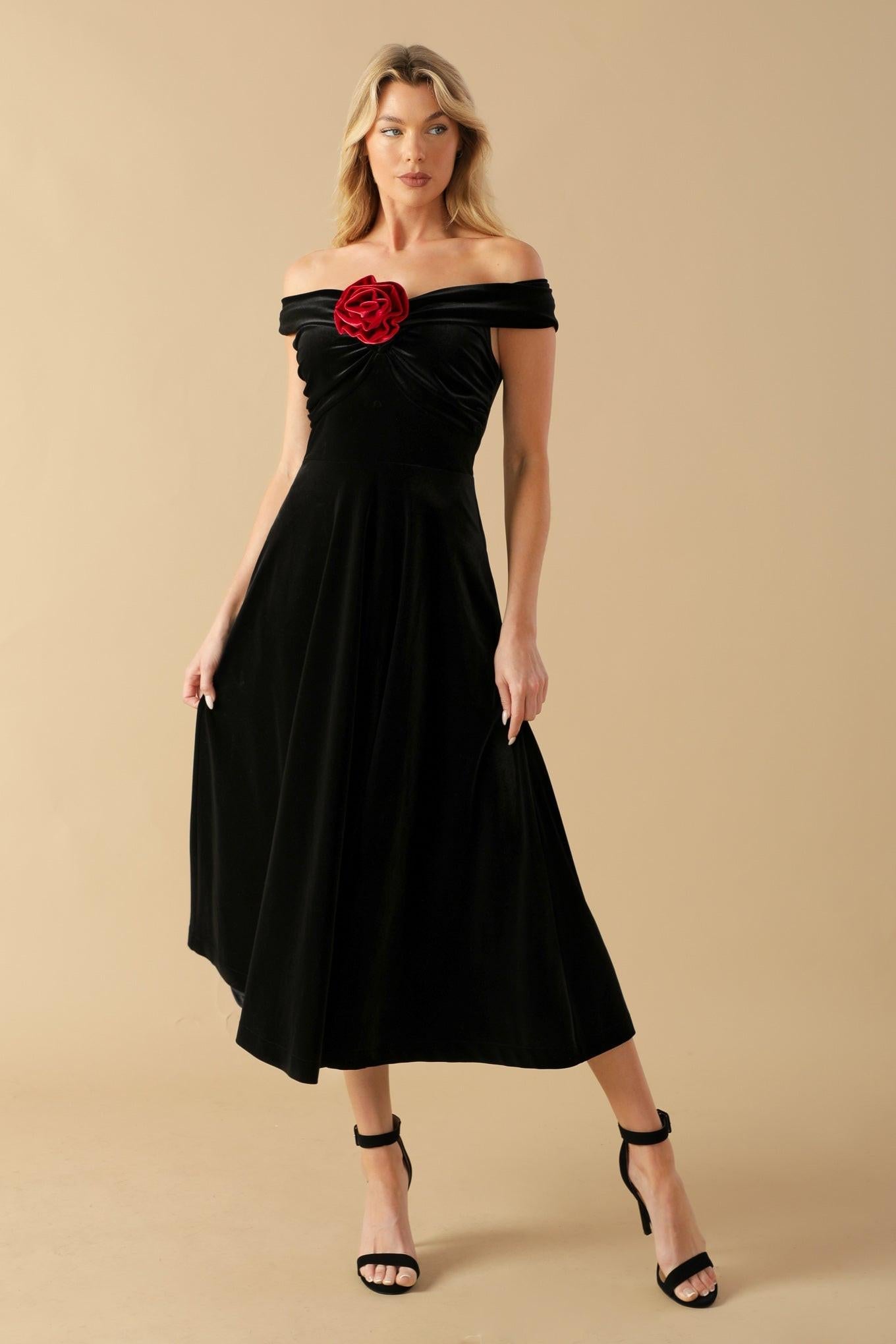 Be There for You Velvet Midi Dress in black red, view 3 — Soul Flow Apparel