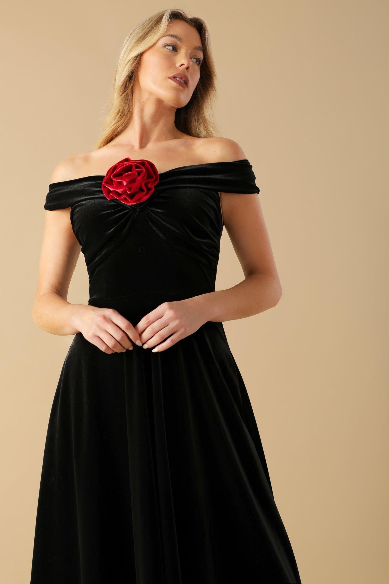 Be There for You Velvet Midi Dress in black red, view 4 — Soul Flow Apparel