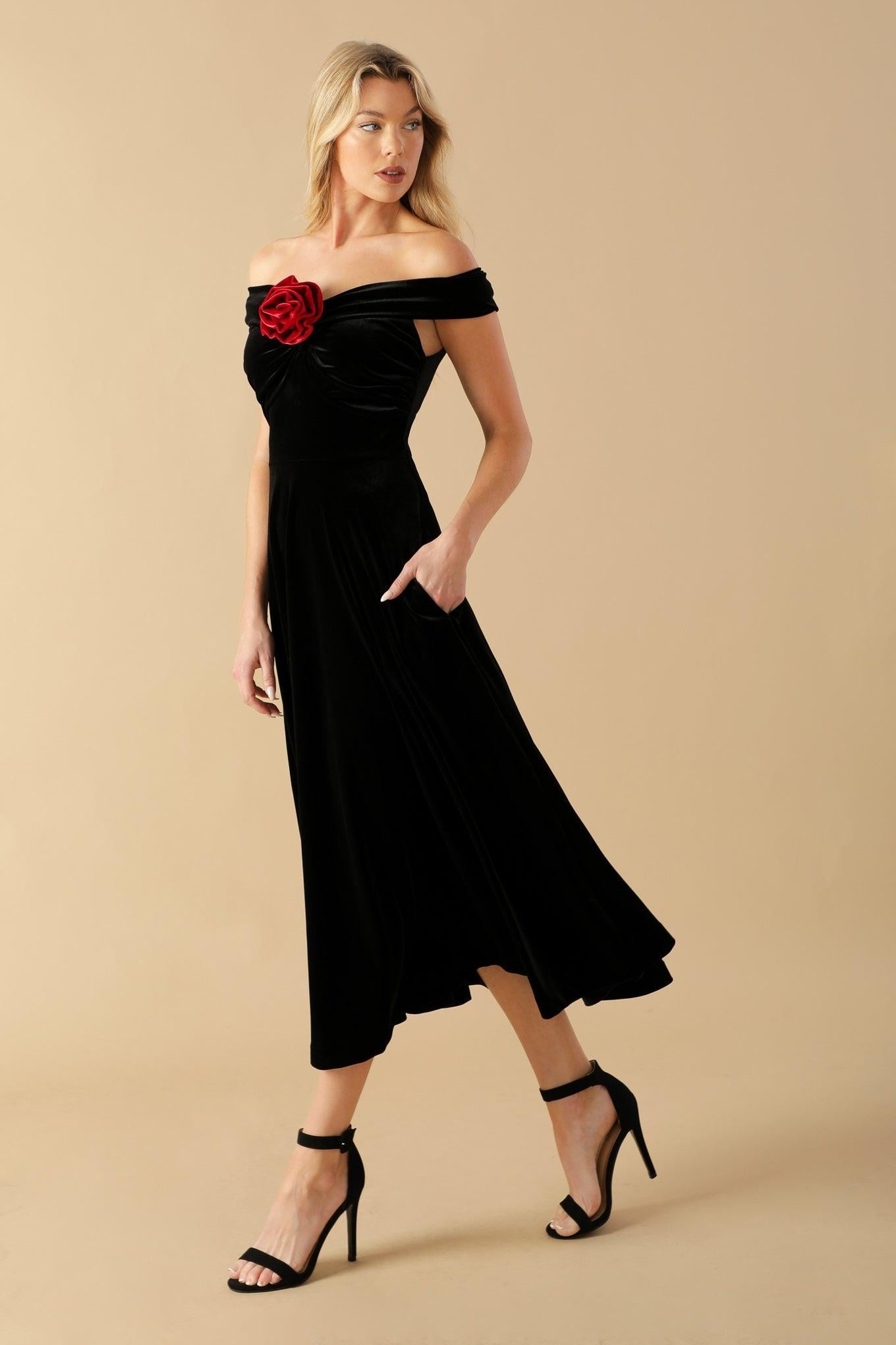 Be There for You Velvet Midi Dress in black red, view 5 — Soul Flow Apparel