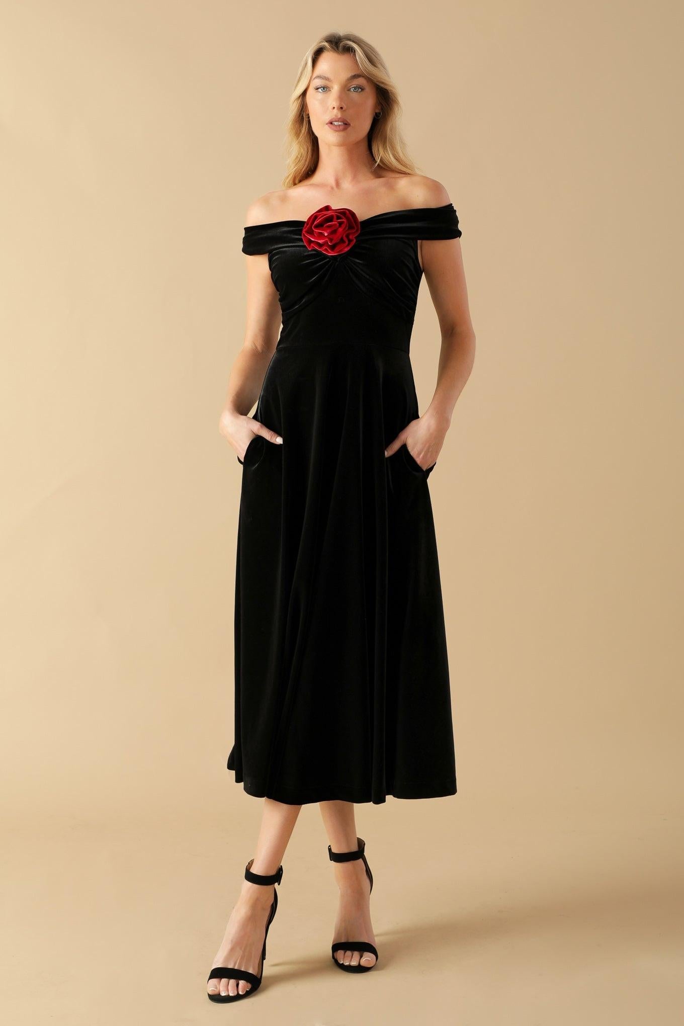 Be There for You Velvet Midi Dress in black red, view 7 — Soul Flow Apparel
