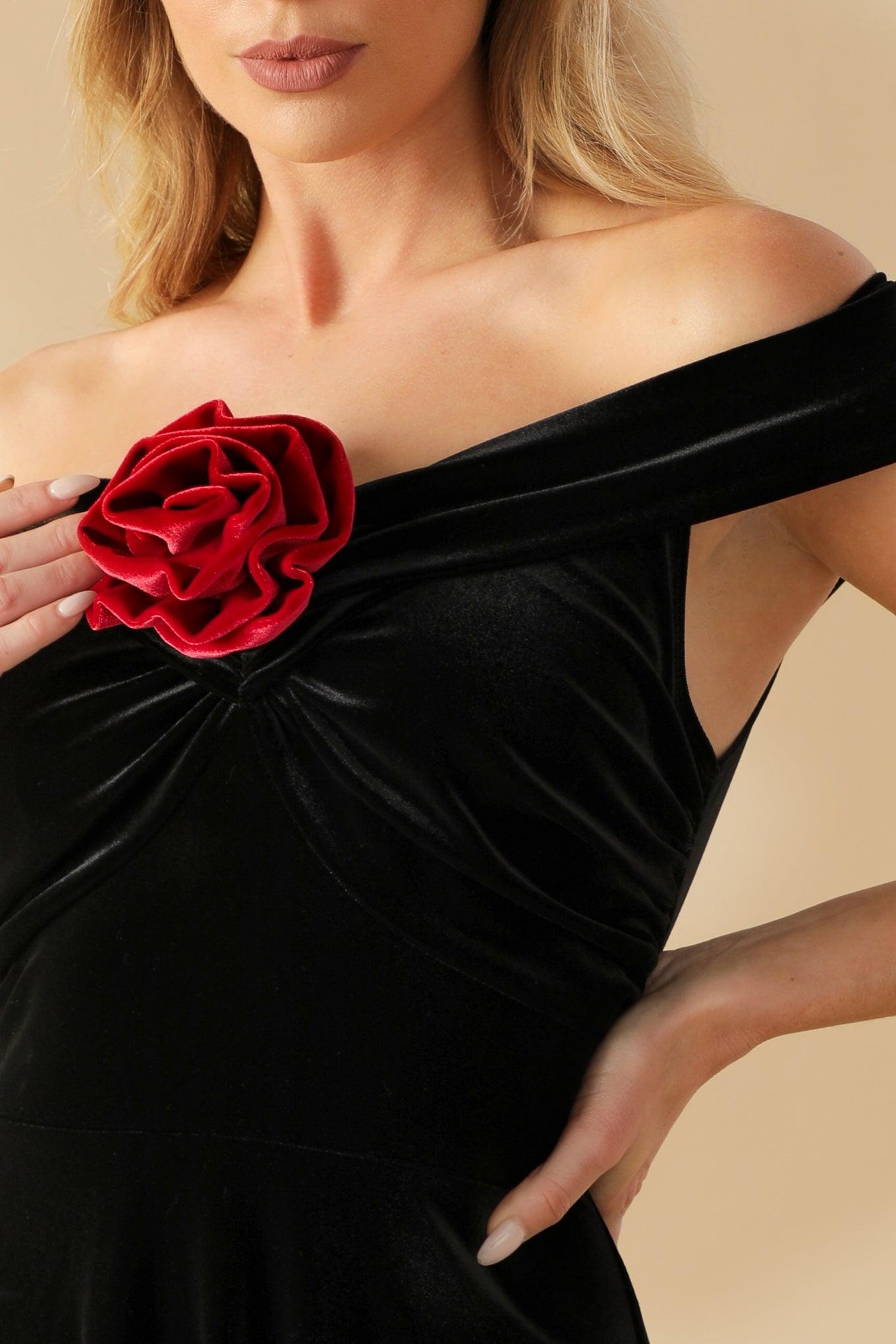 Be There for You Velvet Midi Dress in black red, view 8 — Soul Flow Apparel