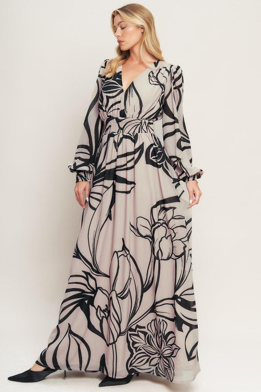 Dancing Dewdrops Woven Maxi Dress in taupe black, view 3 — Soul Flow Apparel
