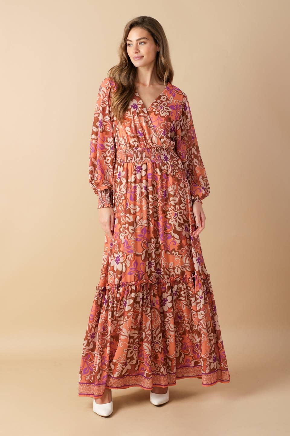 Whispering Willows Woven Maxi Dress in brown purple, view 1 — Soul Flow Apparel