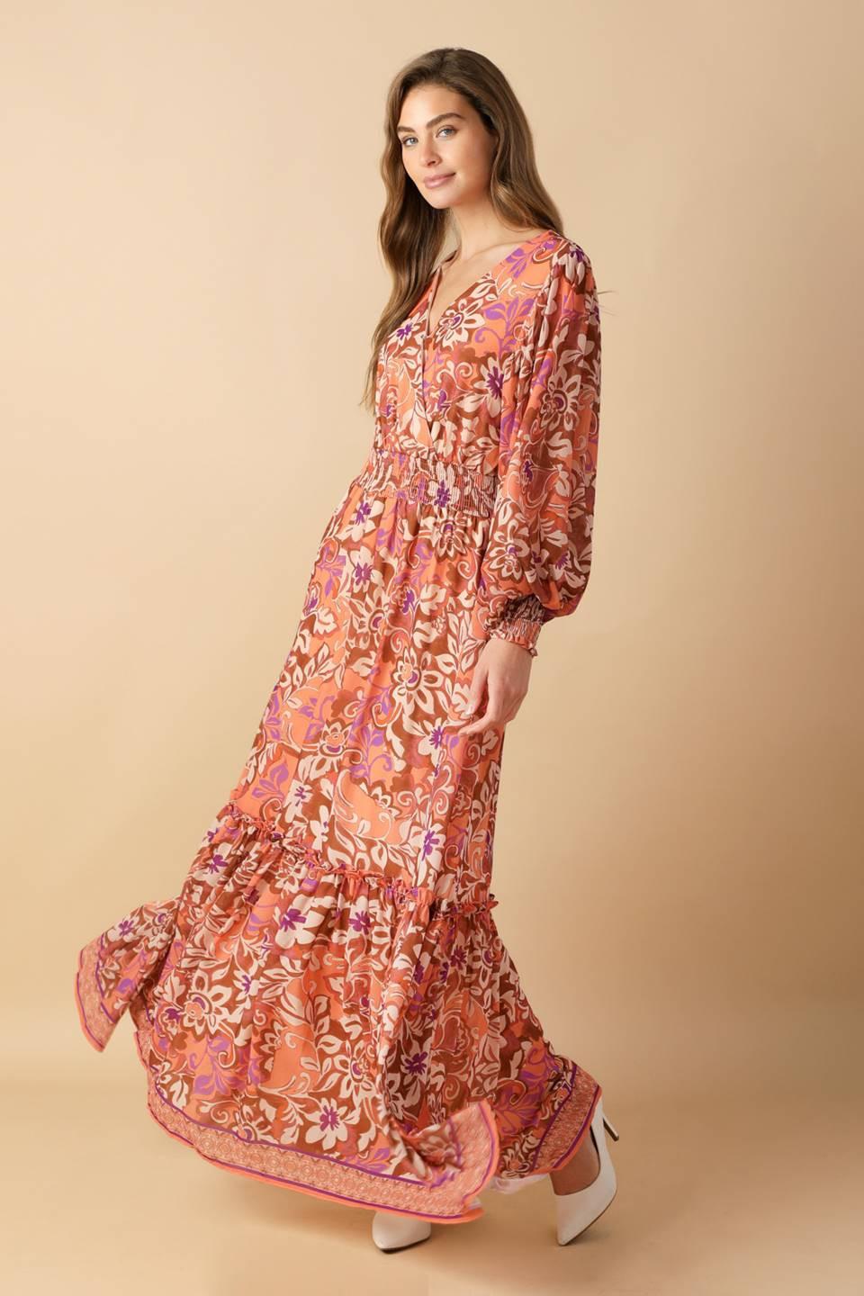 Whispering Willows Woven Maxi Dress in brown purple, view 2 — Soul Flow Apparel