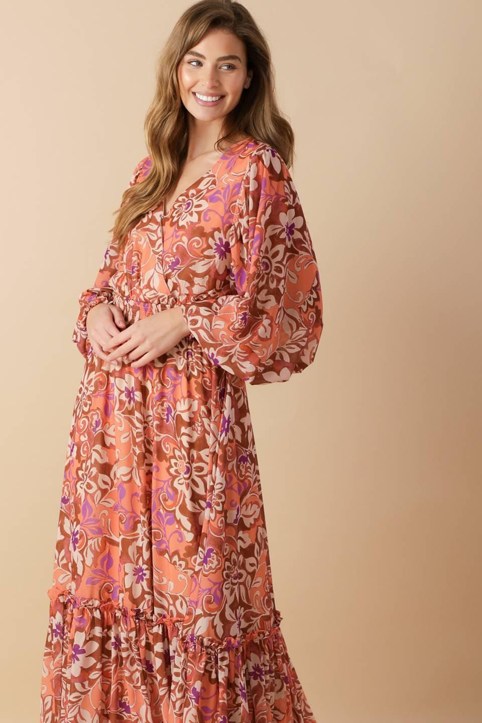 Whispering Willows Woven Maxi Dress in brown purple, view 3 — Soul Flow Apparel