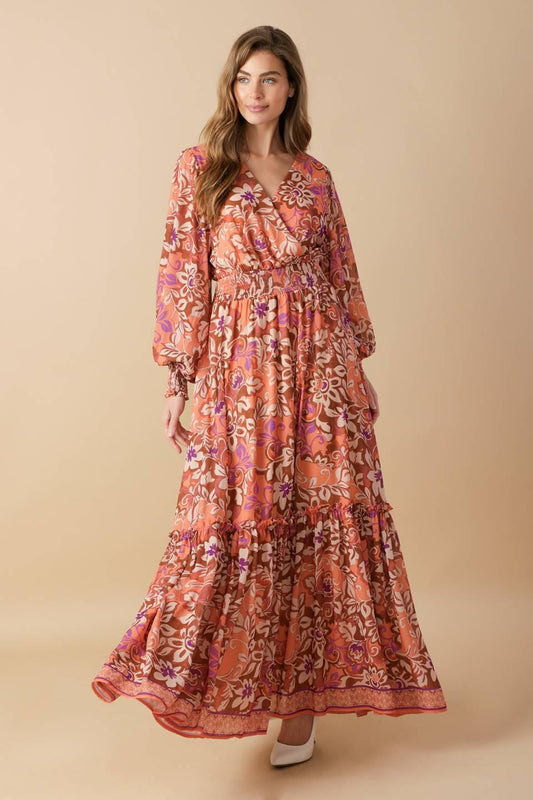 Whispering Willows Woven Maxi Dress in brown purple, view 4 — Soul Flow Apparel