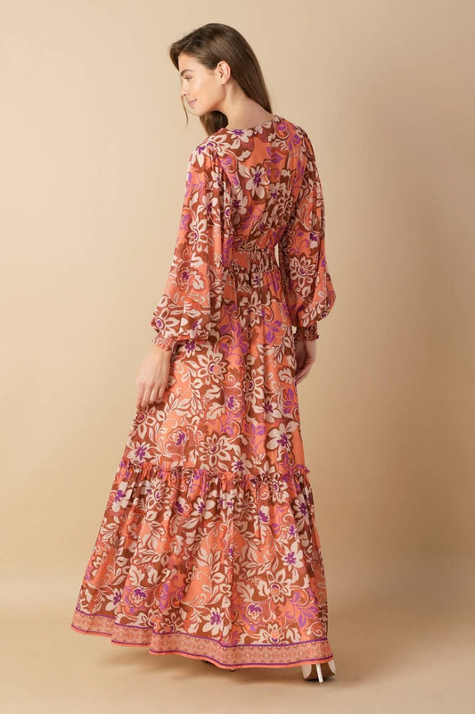 Whispering Willows Woven Maxi Dress in brown purple, view 5 — Soul Flow Apparel