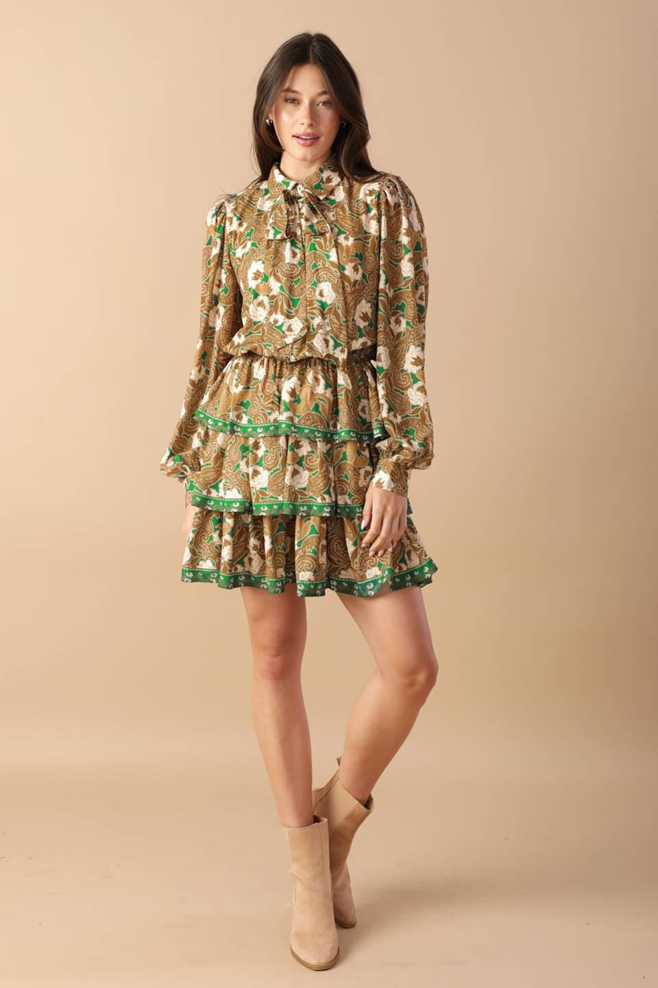 Open Path Woven Mini Dress in green brown, view 1 — Soul Flow Apparel