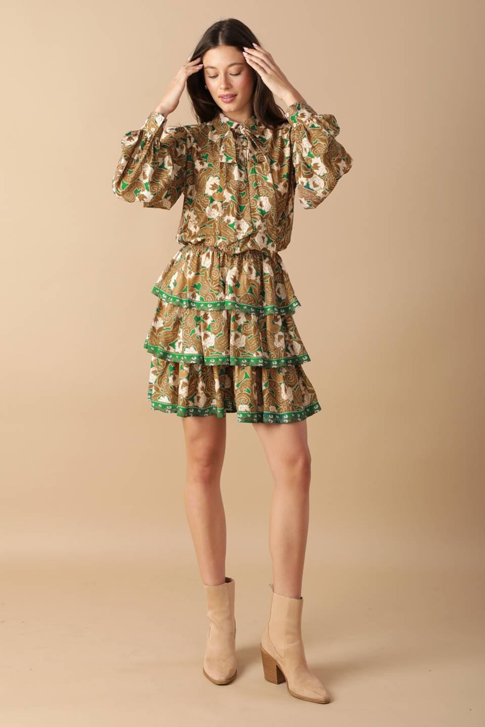 Open Path Woven Mini Dress in green brown, view 2 — Soul Flow Apparel