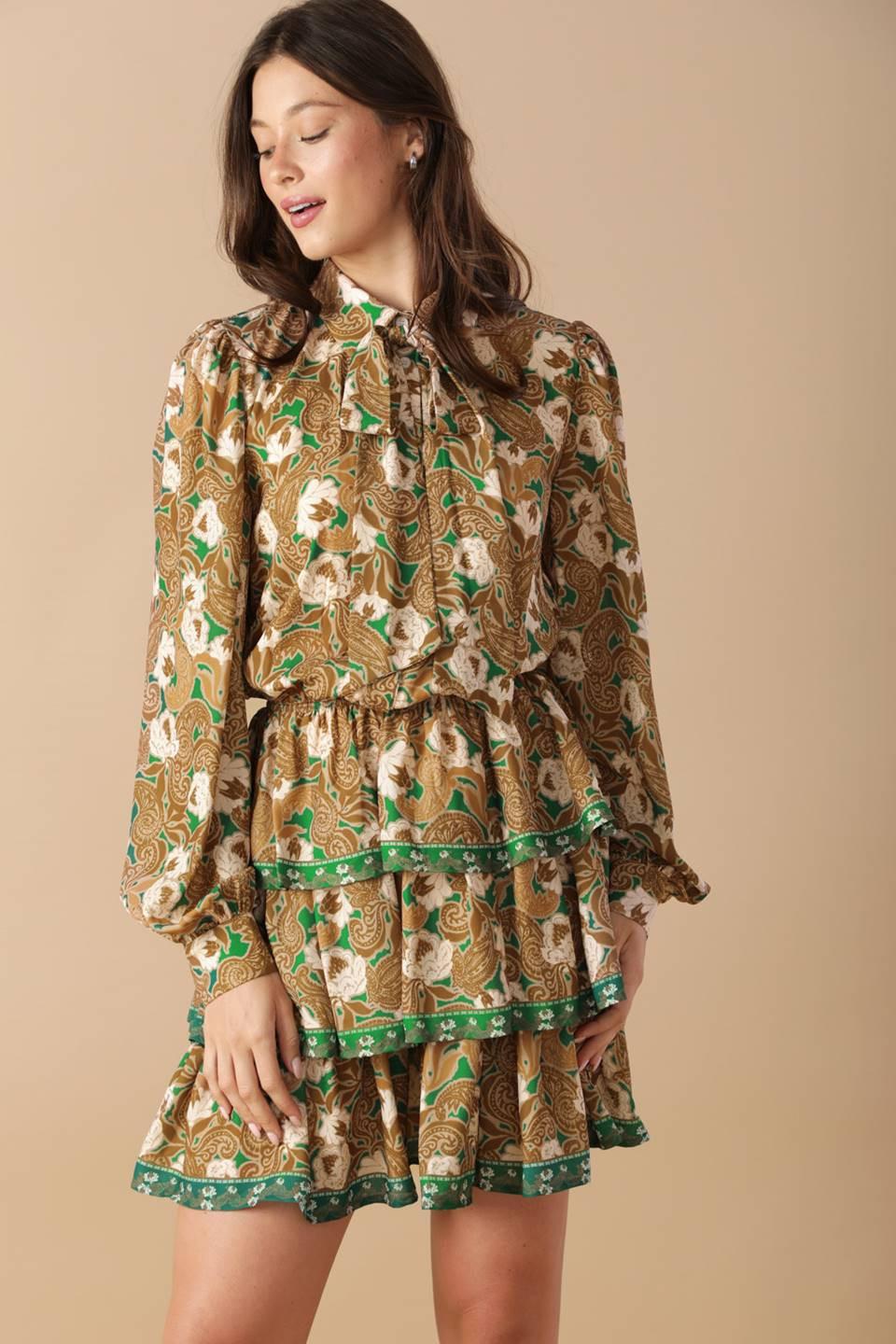 Open Path Woven Mini Dress in green brown, view 3 — Soul Flow Apparel