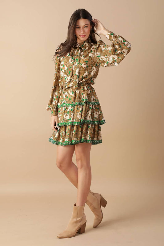 Open Path Woven Mini Dress in green brown, view 4 — Soul Flow Apparel