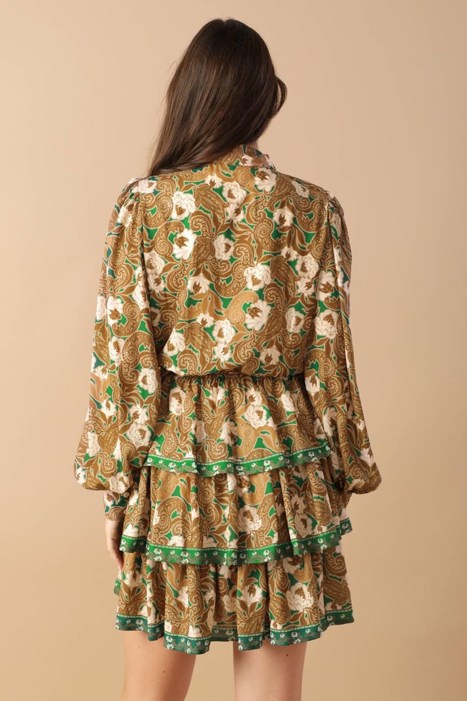 Open Path Woven Mini Dress in green brown, view 5 — Soul Flow Apparel