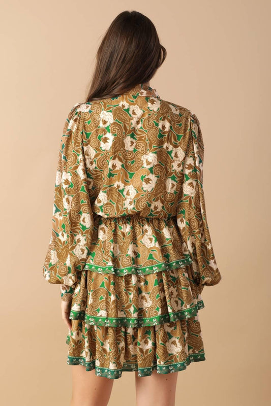 Open Path Woven Mini Dress in green brown, view 5 — Soul Flow Apparel