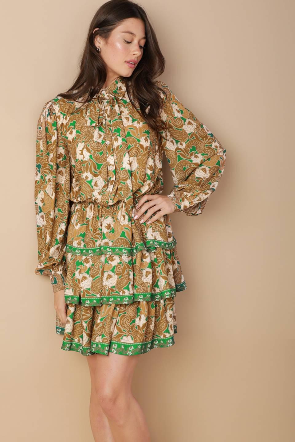 Open Path Woven Mini Dress in green brown, view 6 — Soul Flow Apparel