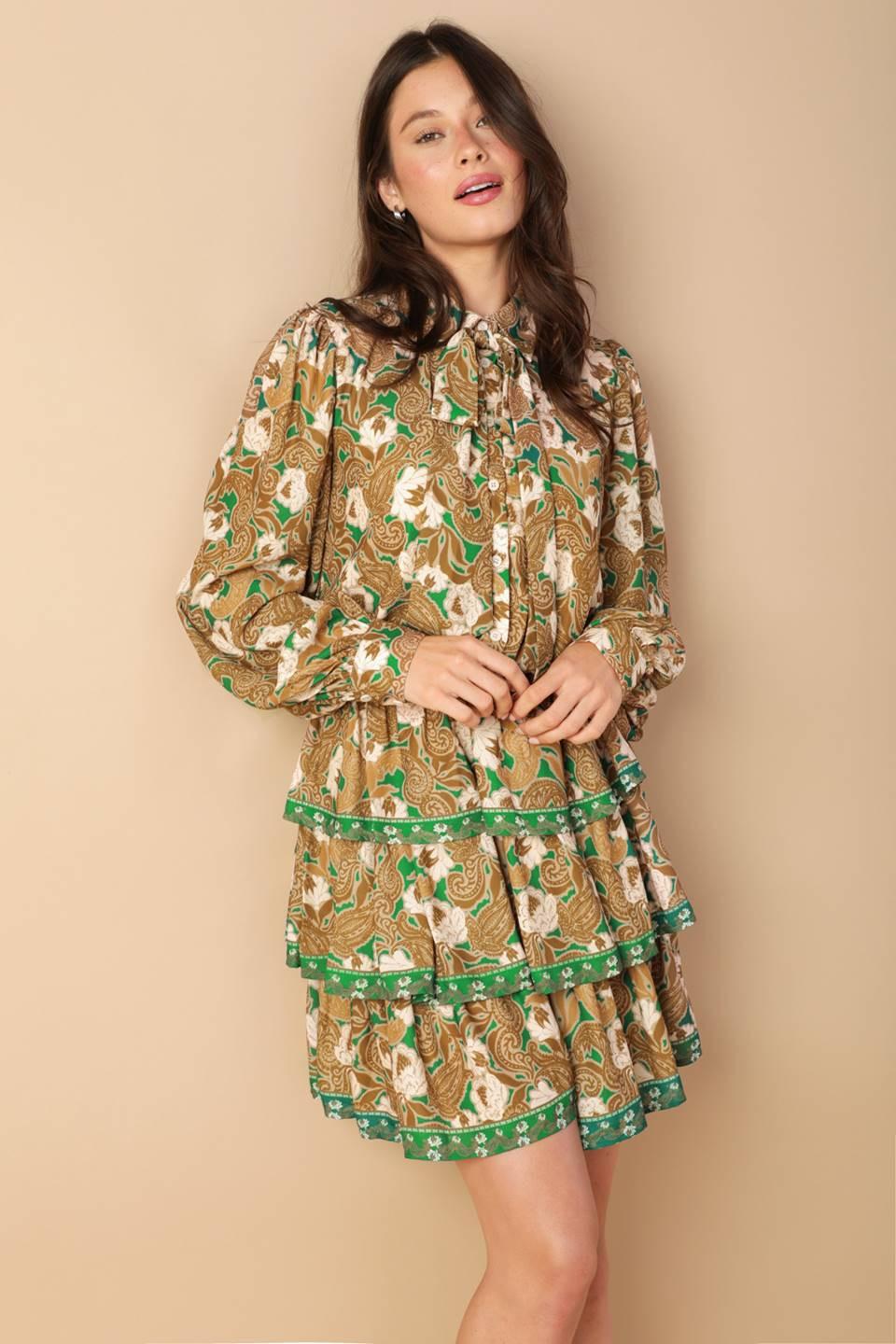Open Path Woven Mini Dress in green brown, view 7 — Soul Flow Apparel